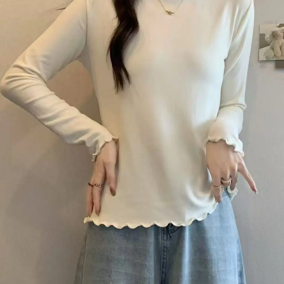 Aaa木耳边中领双层荷叶边冬季保暖修身显瘦百搭打底衫女上衣