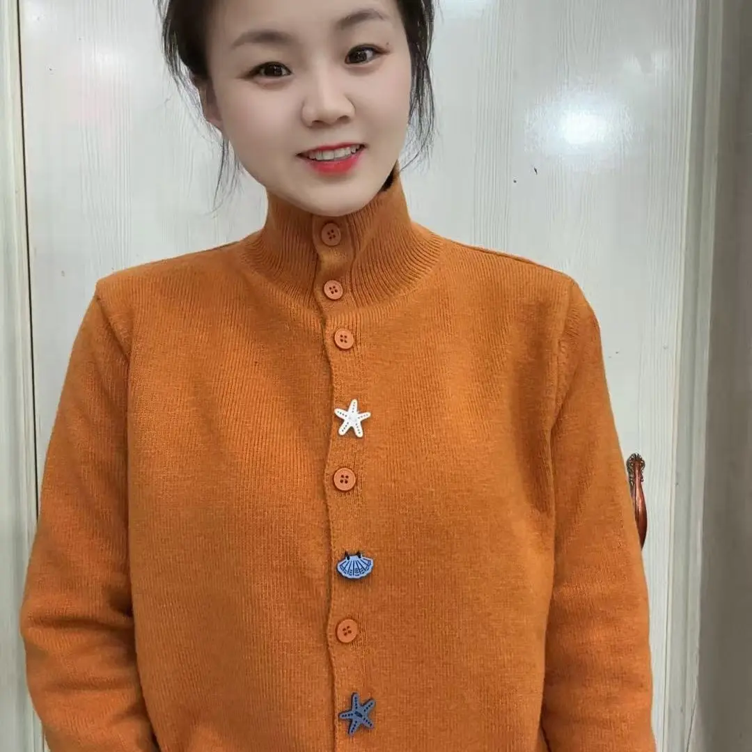 秋冬新款慵懒风立领针织开衫女宽松百搭保暖上衣