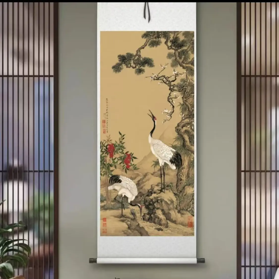 《松梅双鹤图》竖幅花鸟复古画玄关客厅书房茶室挂画
