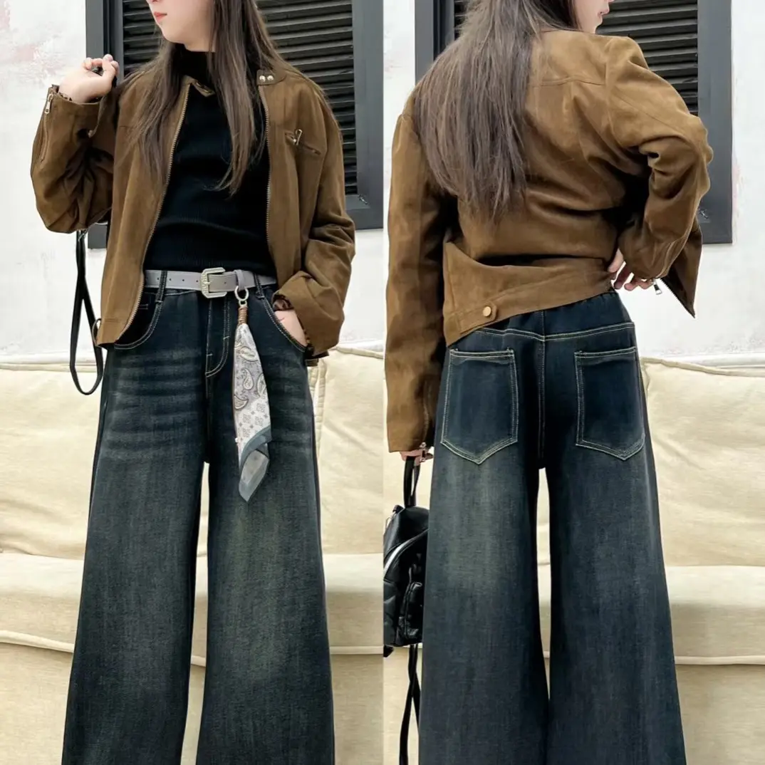 冬季加绒加厚高腰直简牛仔裤女