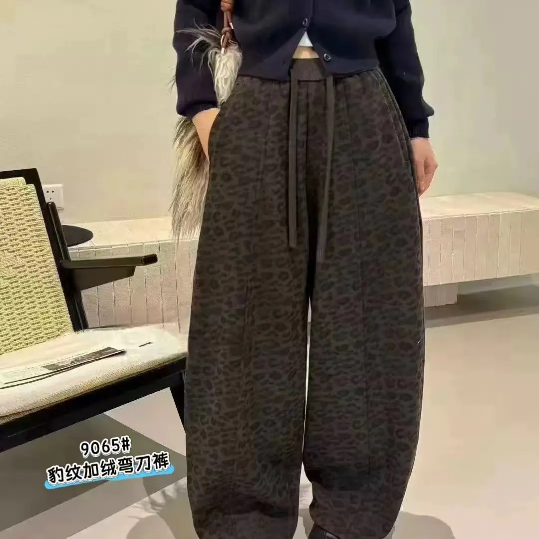 秋冬加绒加厚豹纹印花高腰显瘦休闲阔腿裤女