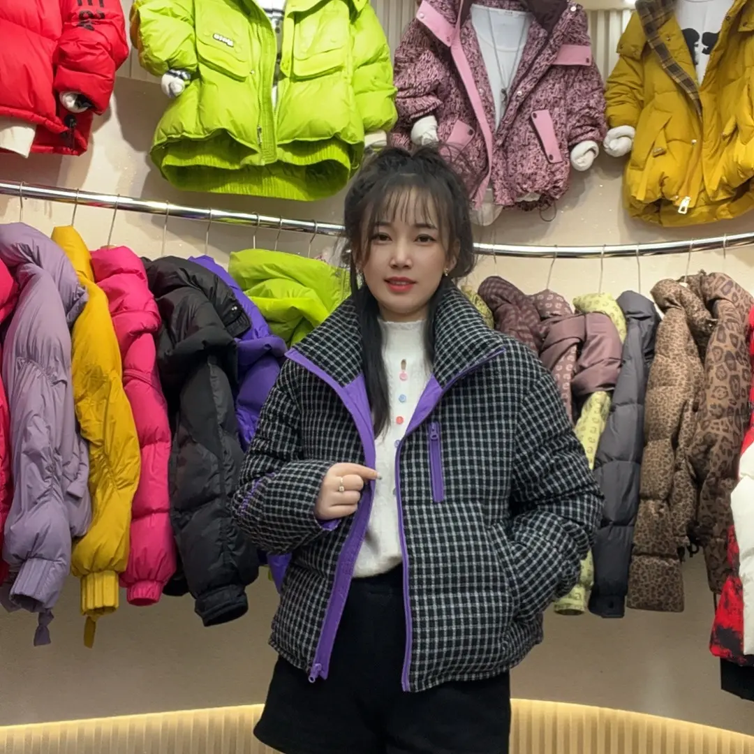 短款立领格子拼色加厚保暖90白鸭绒时尚休闲百搭女士冬季
