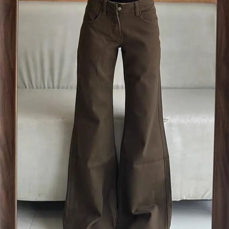 美式vintage咖啡色中腰显瘦微喇美拉德不贴腿宽松拖地喇叭裤子