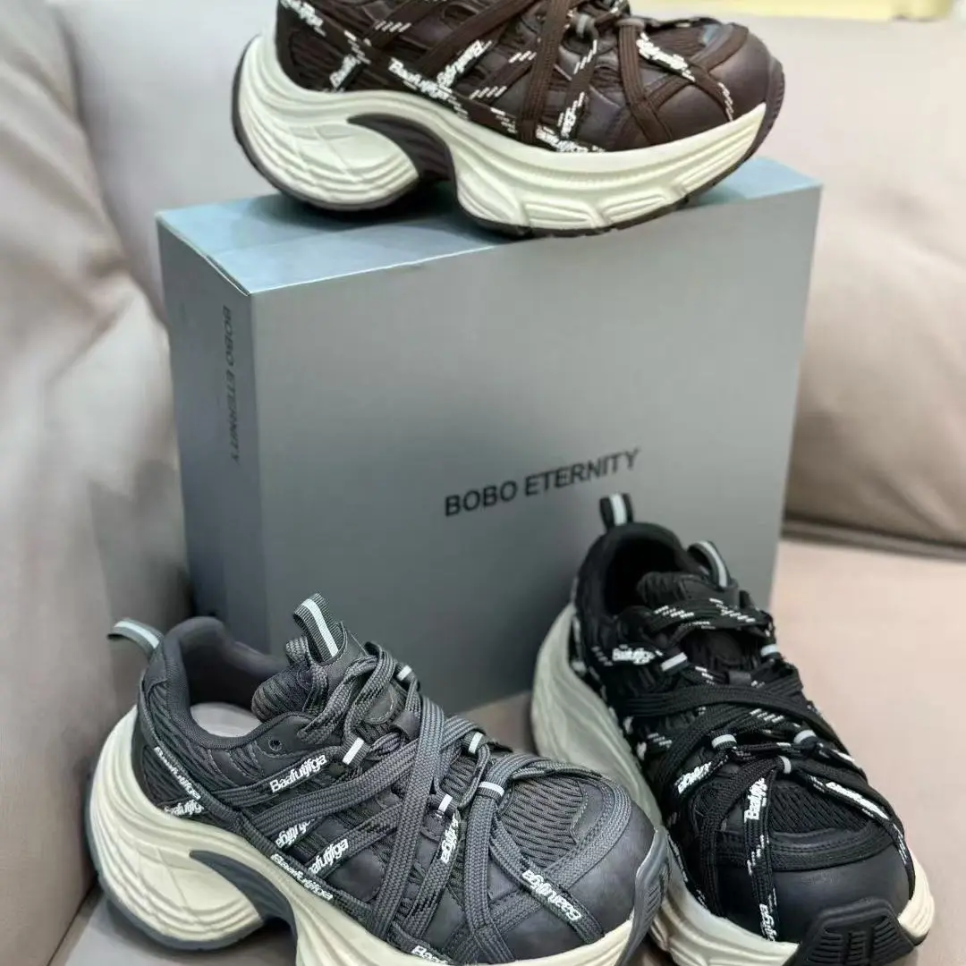 网面厚底内增高6厘米跑步绑带老爹鞋女秋冬季透气休闲鞋