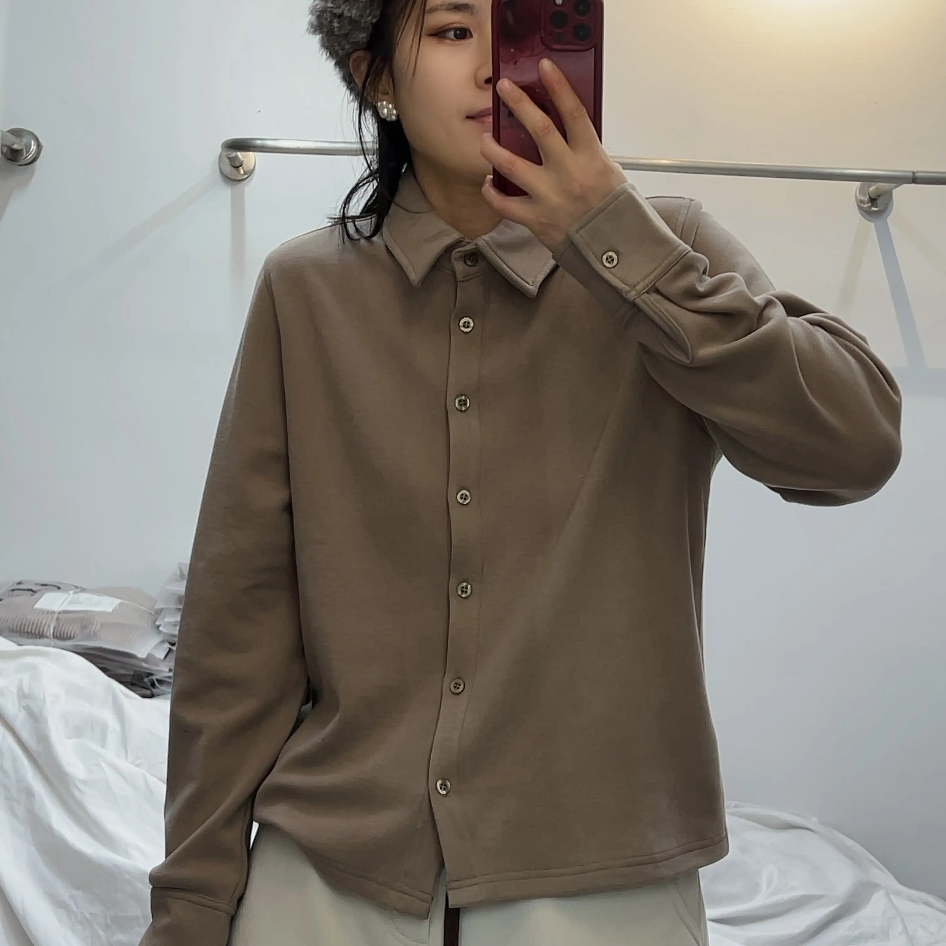 （向喜）莱赛尔羊毛秋冬复古翻领宽松百搭衬衫女保暖气质叠穿软糯