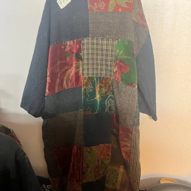 文艺复古蓝染单层拼接宽松休闲连衣裙长袖碎花民族风长袍