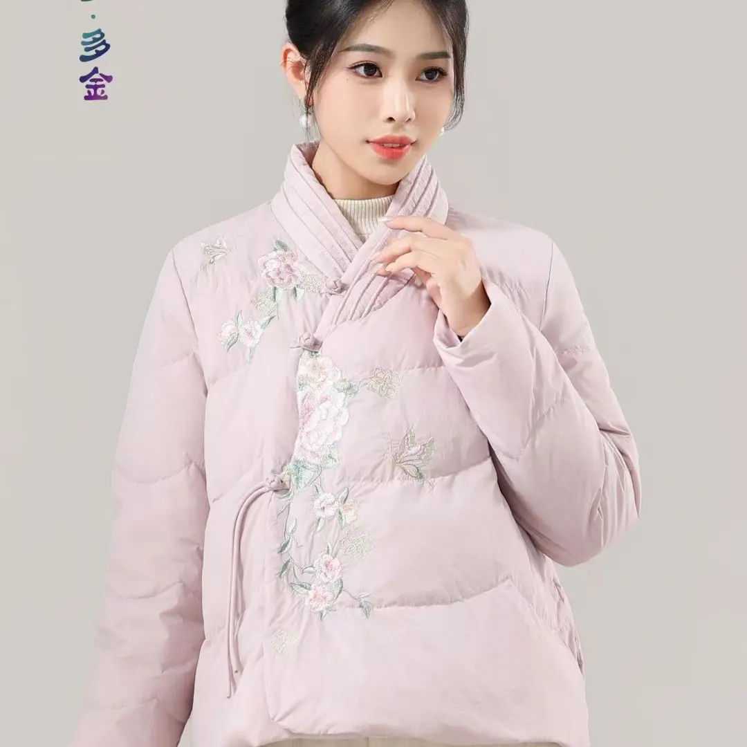 0010新中式国风V领斜襟重工花朵刺绣复古冬季新款