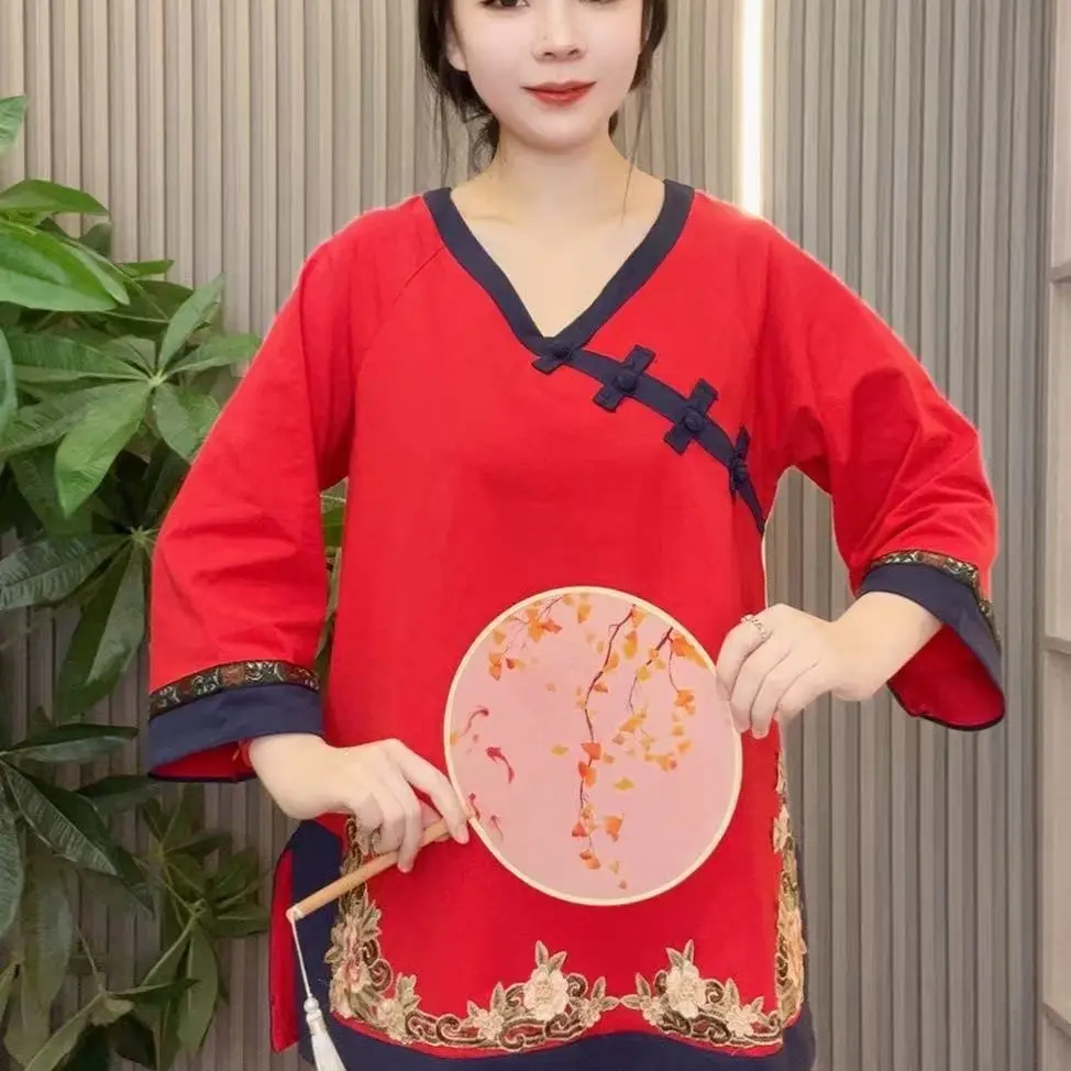 女新款民族风红色宽松长袖长裤棉质绣花家居服睡衣套装