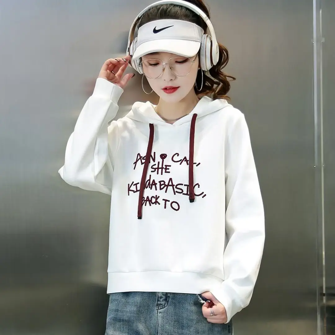 连帽加绒加厚长袖卫衣春秋宽松时尚洋气抽绳刺绣显瘦上衣外套