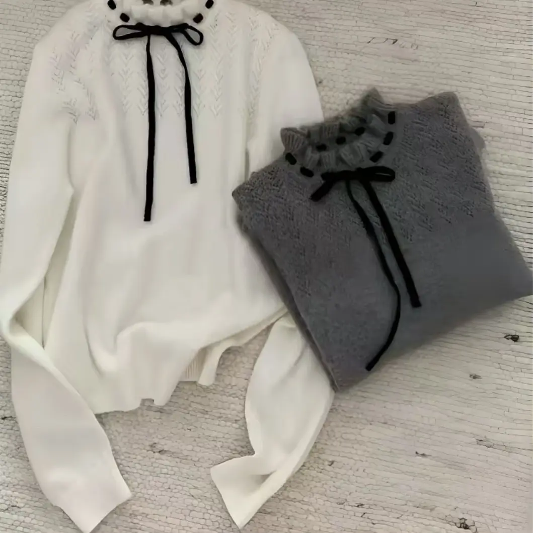 悦己•韩系木耳边系带半高领针织打底