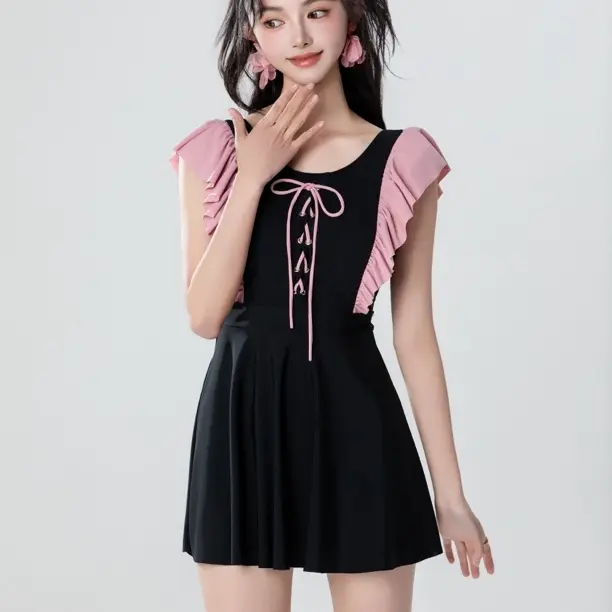 新款温泉度假大码连体裙式遮肚显瘦平角聚拢保守游泳衣女士