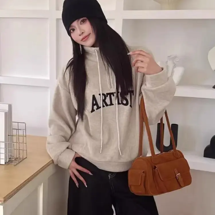 半拉链加绒立领字母印花长袖宽松韩版卫衣女秋冬时尚百搭