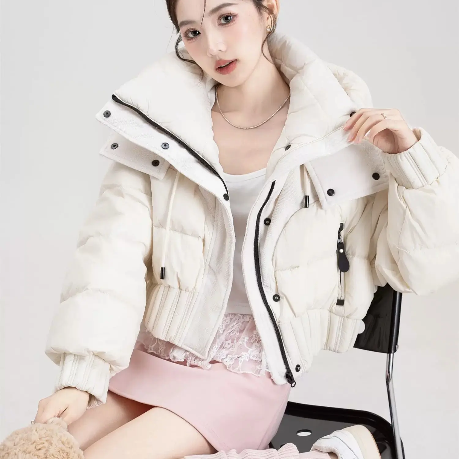 【现货】韩系时尚防风保暖不臃肿白鸭绒连帽防风短款收腰百搭羽绒服