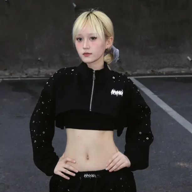 BLACKBOX原创薄款烫钻拉链款卫衣爵士舞街舞宽松短款长袖上衣男女