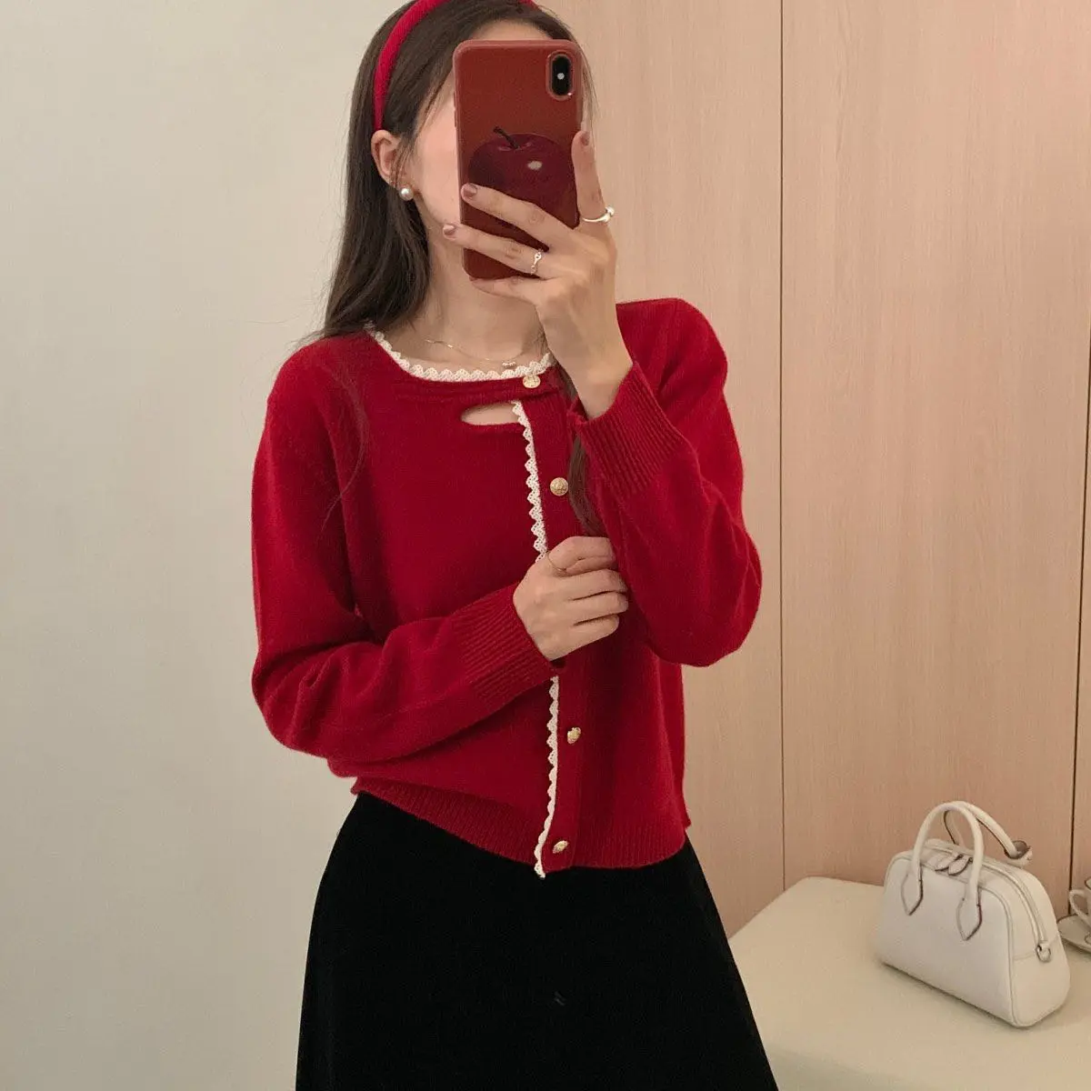 韩系小香风蕾丝花边针织开衫毛衣外套秋冬新款温柔系别致上衣女