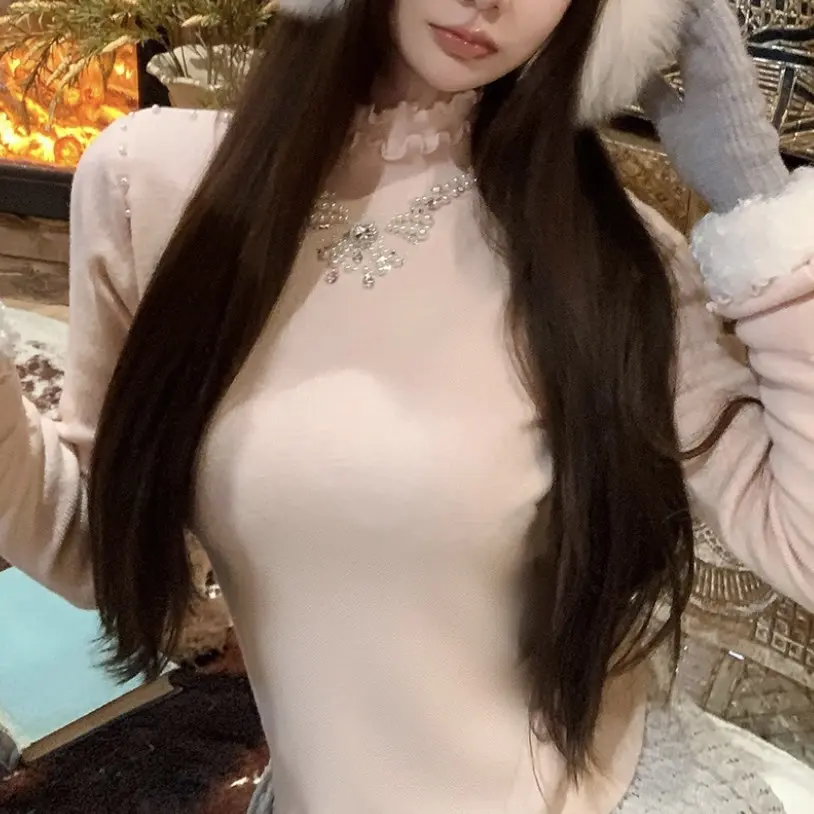 高领双层木耳边针织衫法式钉珠羊毛毛衣蝴蝶钉珠修身针织打底衫