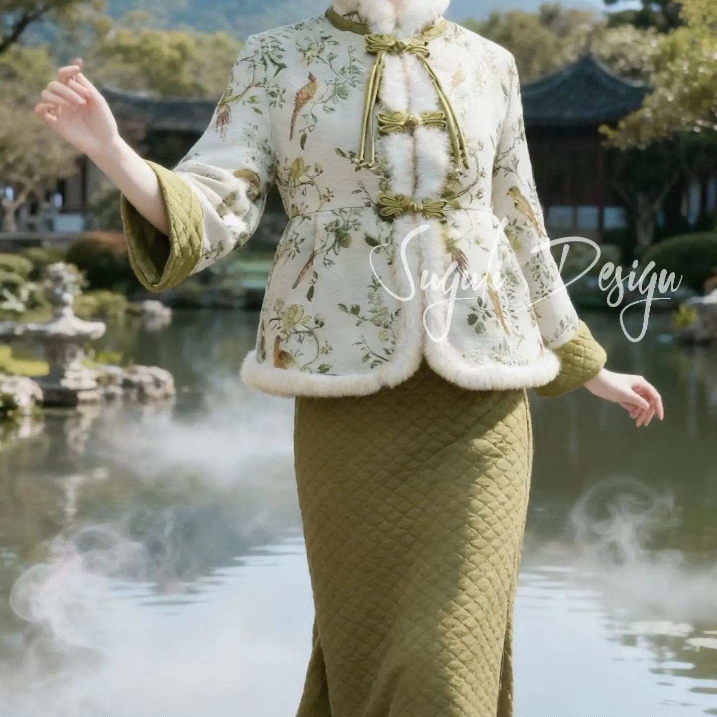 （格格）秋冬复古中式改良加绒外套国风温婉旗袍套装