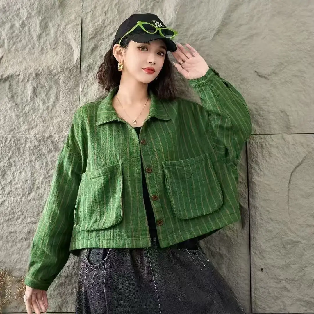 直下摆条纹通勤风透气厚款短外套紫色日系长袖休闲