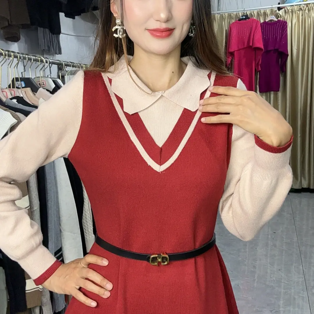 努尔假两件针织长袖连衣裙女秋冬气质显瘦减龄百搭裙子