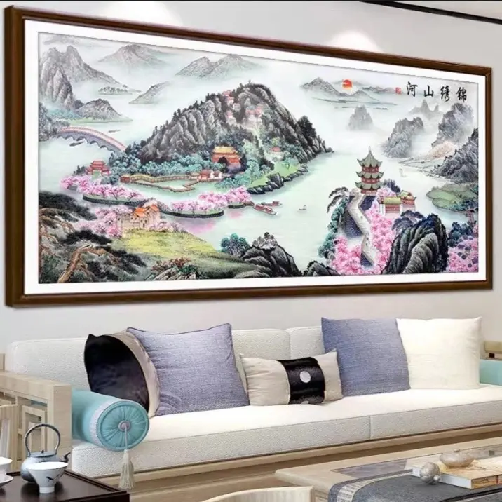 3.2大格纯手工绣好的十字绣成品锦绣山河客厅装饰挂画
