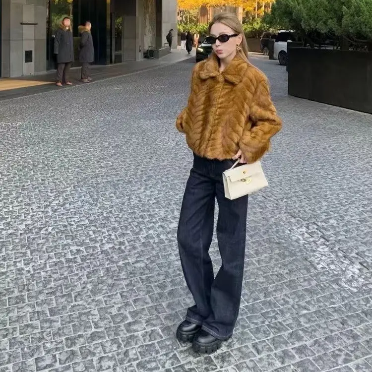 韩系高级感金叶貂立领仿水貂毛毛绒外套女冬环保皮草加厚小翻领