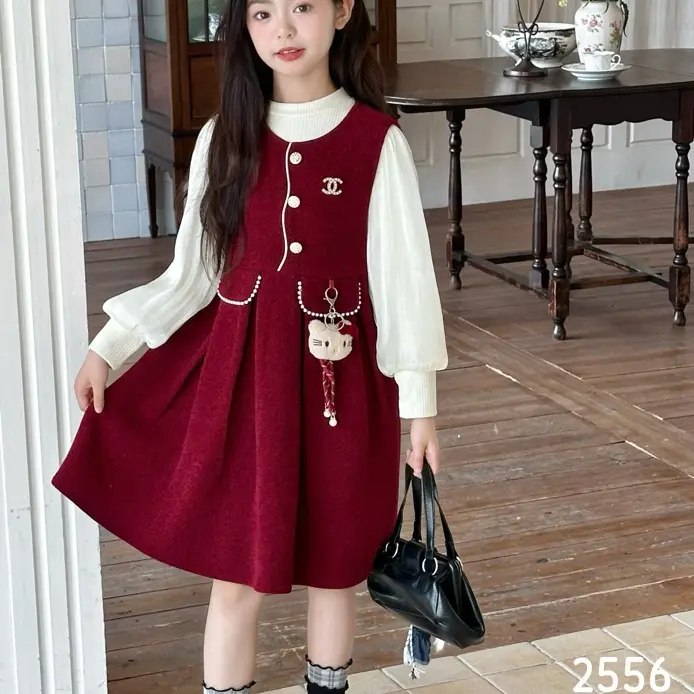 新款秋冬加绒加厚女童洋气喜庆新年公主连衣裙