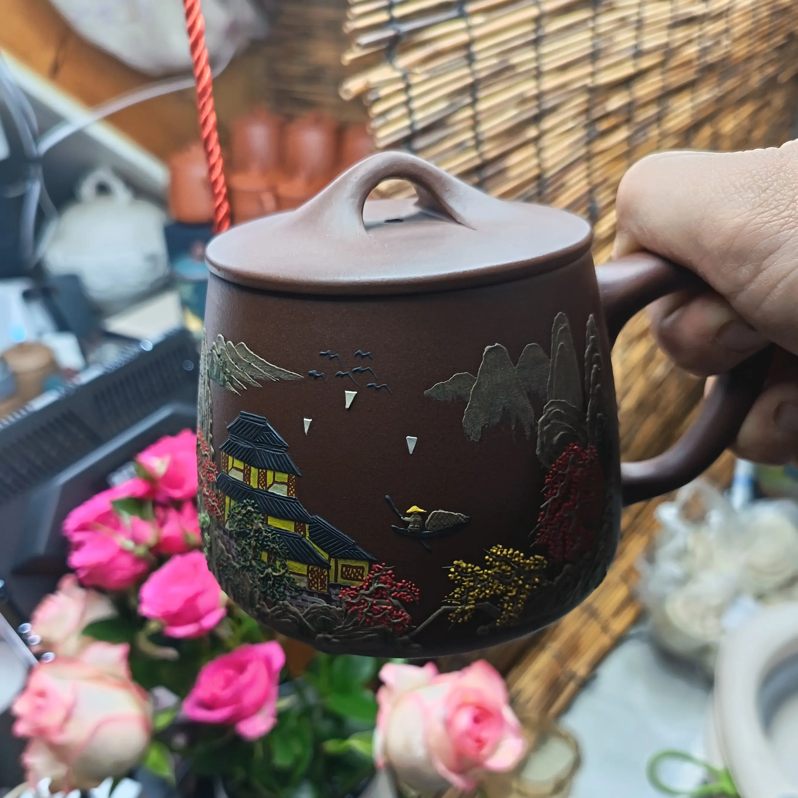 手工泥绘老紫泥石瓢盖杯