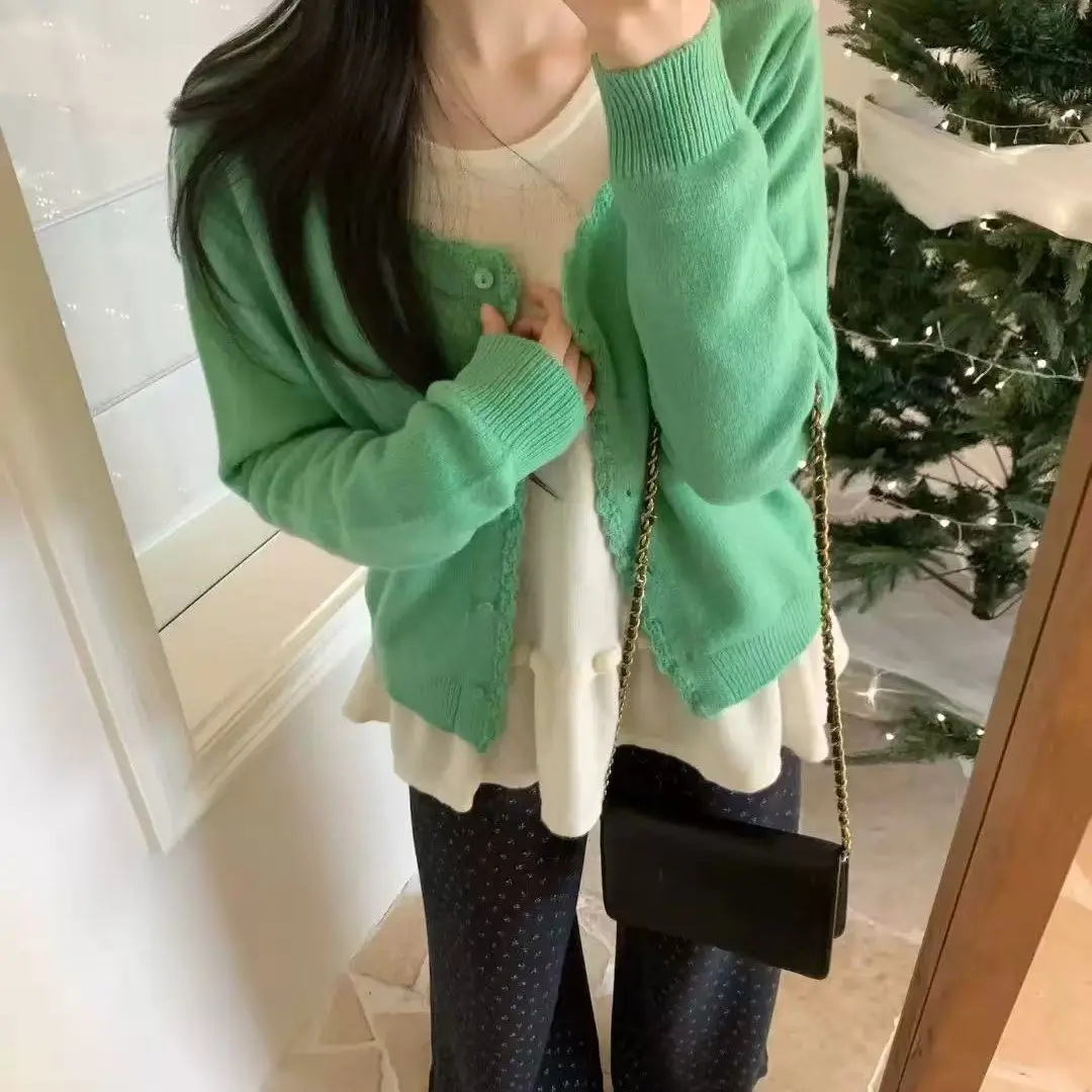 【重工针织开衫】苹果浅绿色小清新风格休闲宽松毛衣外套