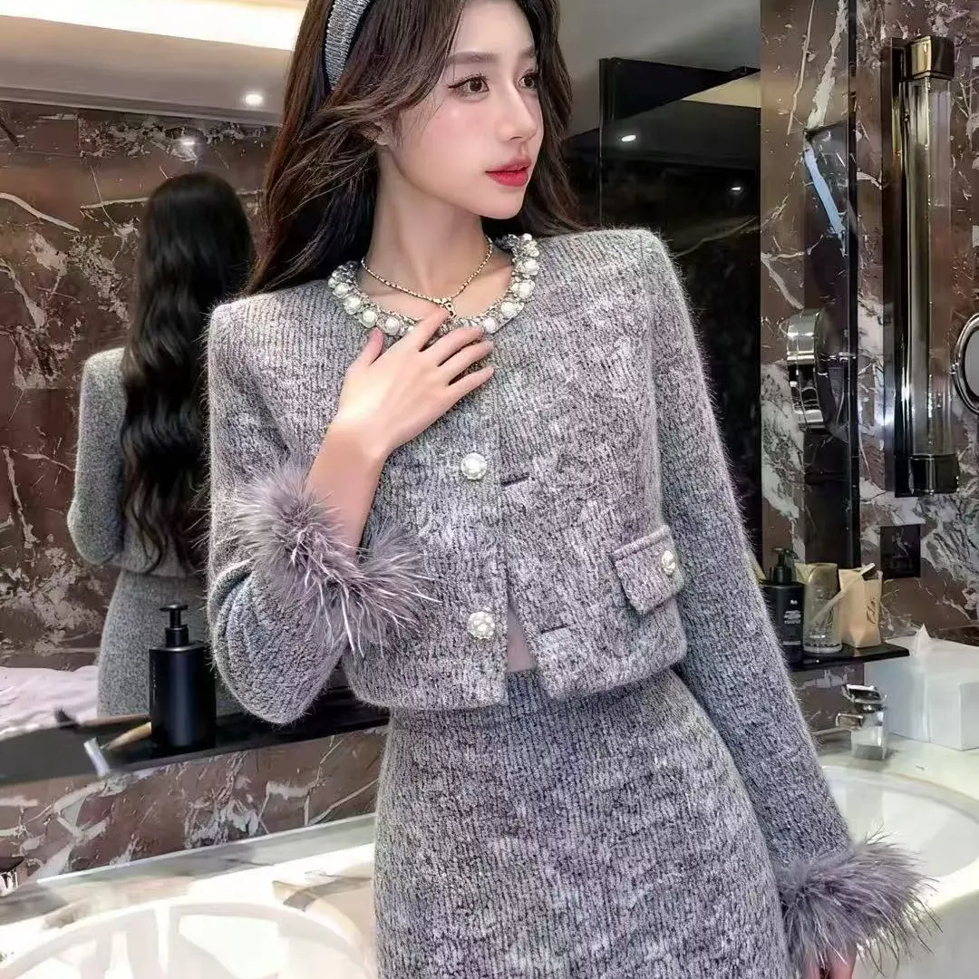 小香风加棉上衣半身裙两件套装胖mm2025冬季新款显瘦宽松大码女装