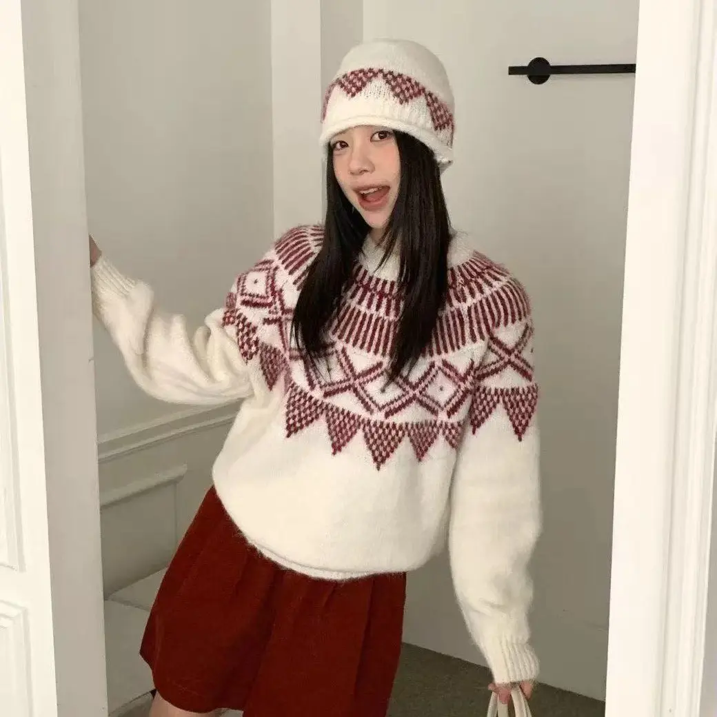 秋冬新款宽松软糯费尔岛提花圆领针织衫时尚百搭