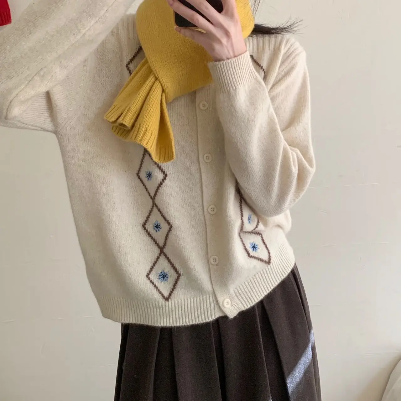 手工刺绣菱形格麻花针织开衫女宽松显瘦秋冬外套