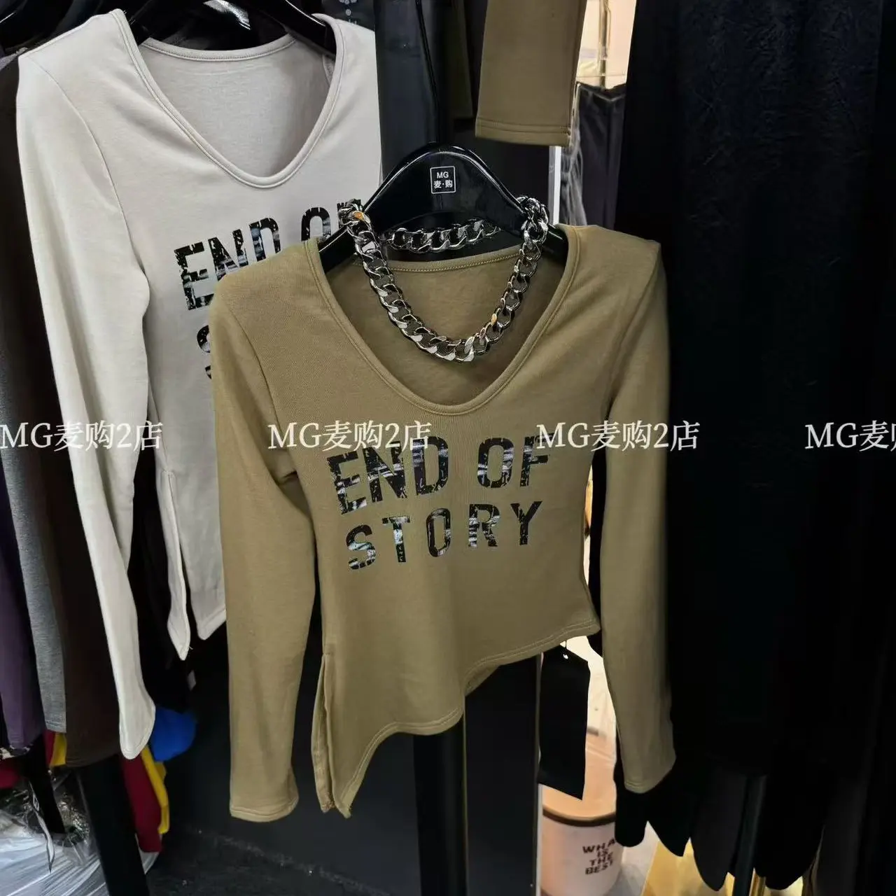 6836设计感不规则磨毛长袖T恤女秋冬