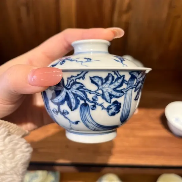 青花缠枝牡丹花纹盖碗家用功夫茶具