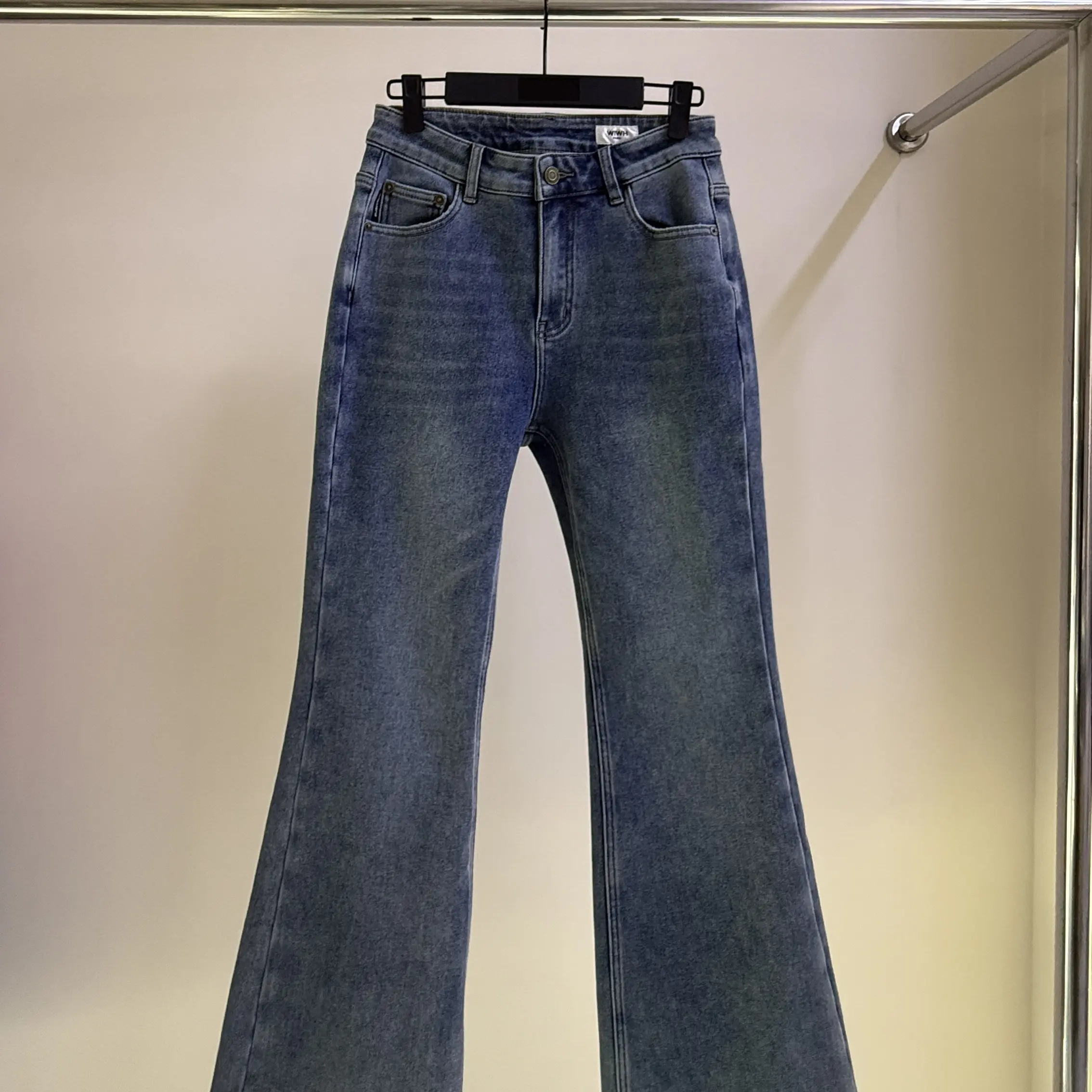 WIWH-高腰加绒显瘦微喇牛仔裤