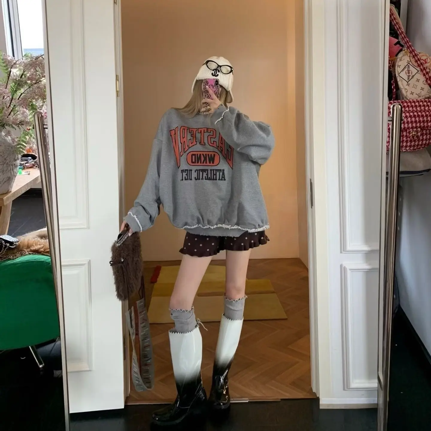 套头开衫慵懒风印花纽扣宽松型字母卡通动漫卫衣上衣