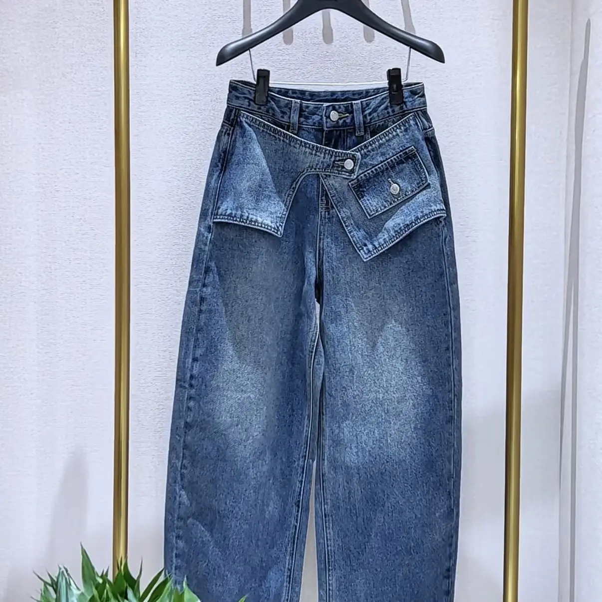 玛丝恩迪早春新款高腰宽松显瘦蓝色牛仔阔腿裤130418