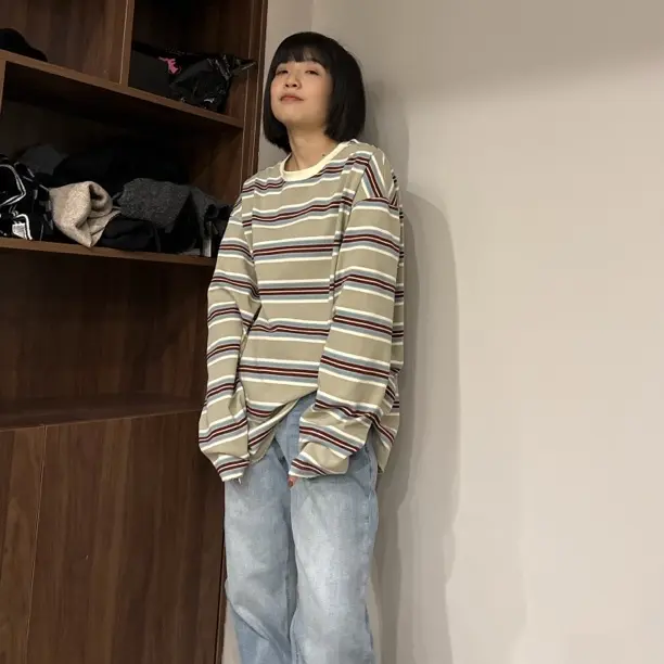 遇见韩版杏色条纹长袖T恤袖口磨破女宽松圆领百搭显瘦打底衫秋冬