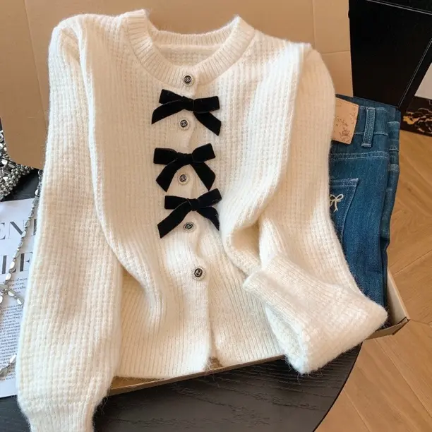 秋冬蝴蝶结加厚针织开衫外套女韩系圆领设计感小众长袖毛衣上衣