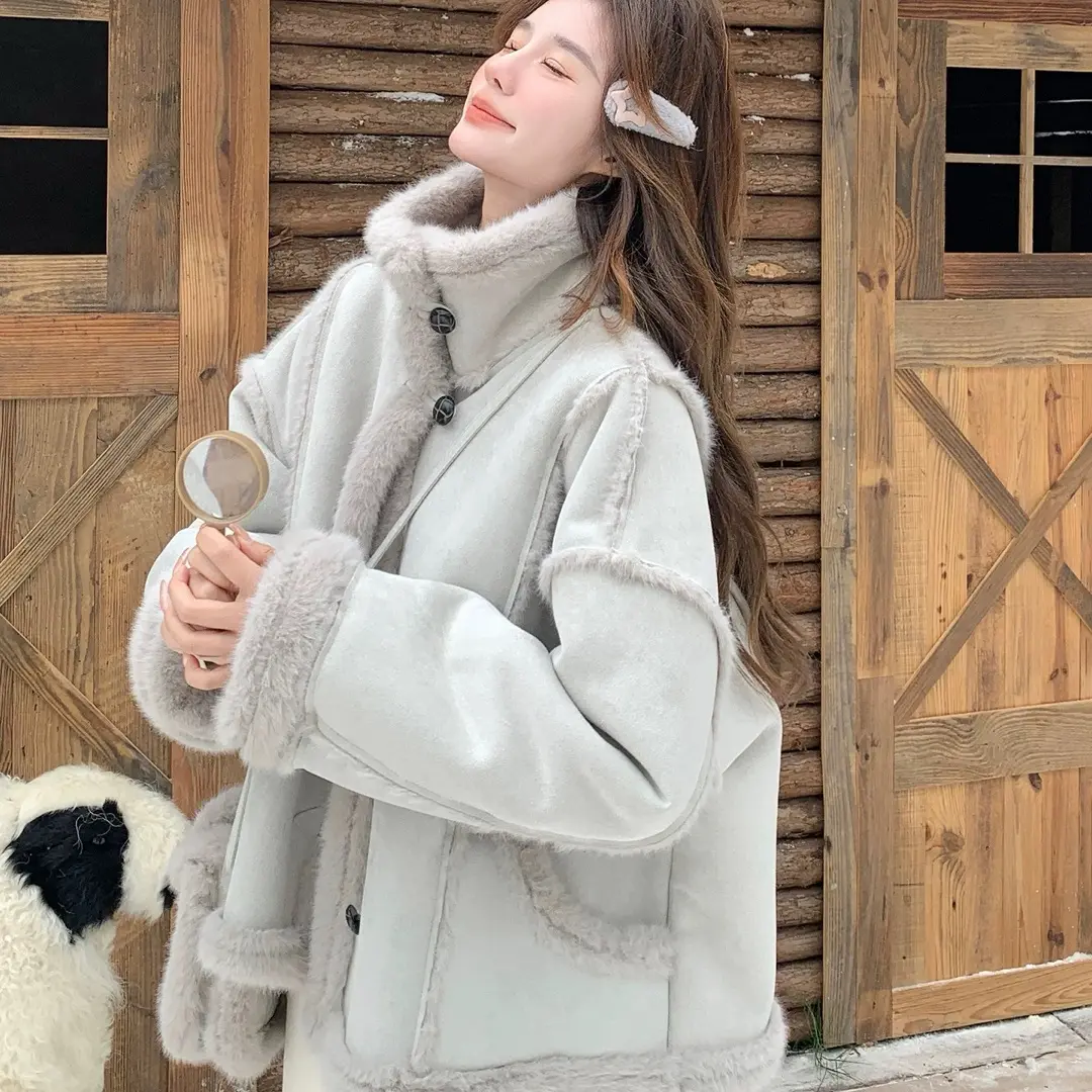 灰蓝色羊羔毛外套女冬季慵懒风麂皮绒棉服小个子加厚短款