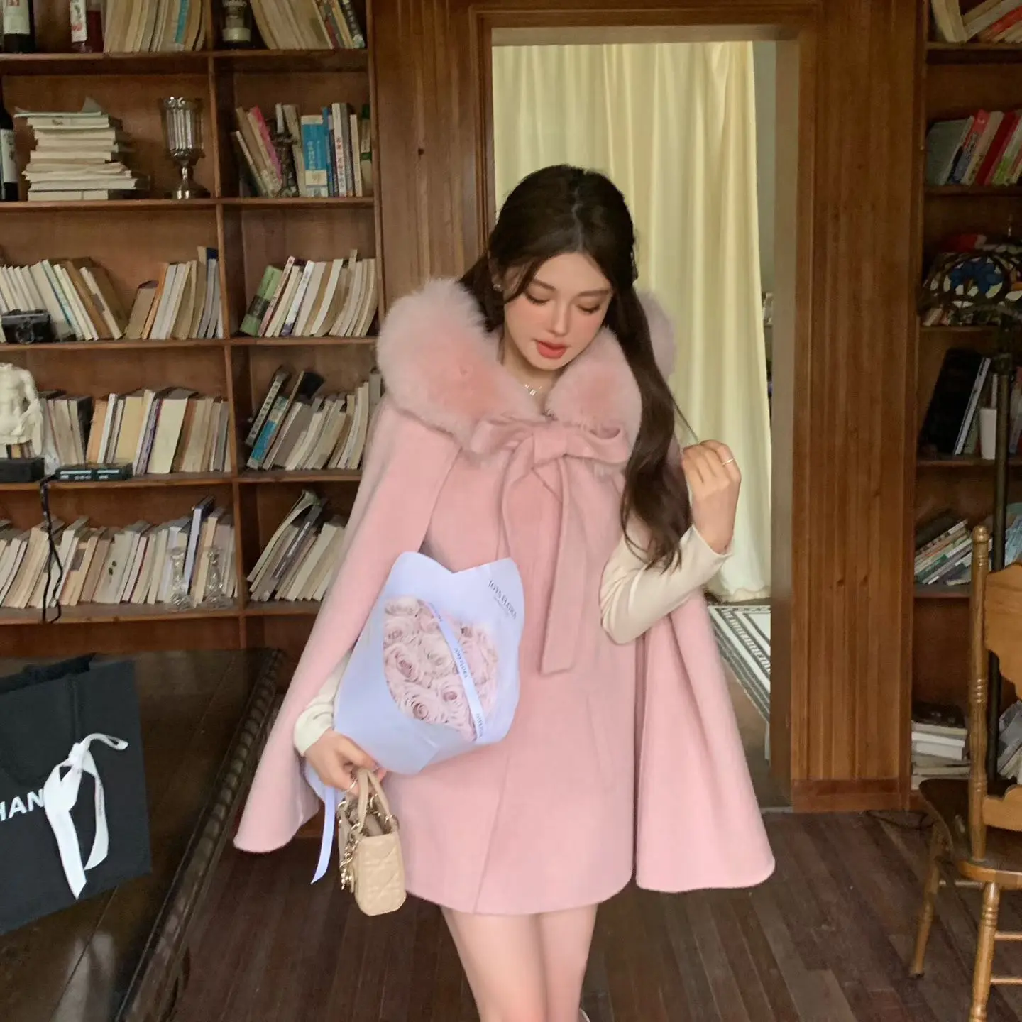 冬季狐狸毛领手缝双面羊毛斗篷大衣女加厚保暖10骆驼绒90羊毛0721