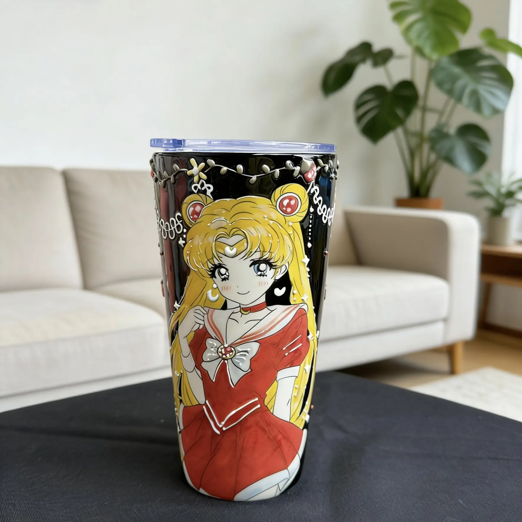 手绘釉下彩玉泥美少女战士陶瓷杯大容量精致送礼黑色底