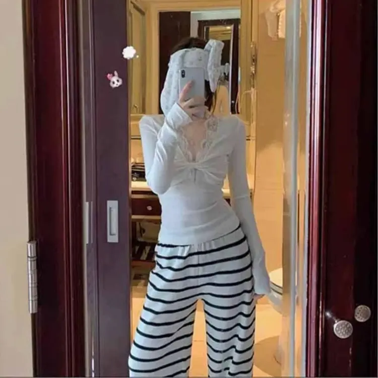 【海南简爱】抽绳长袖拼接褶皱T恤蕾丝 5262