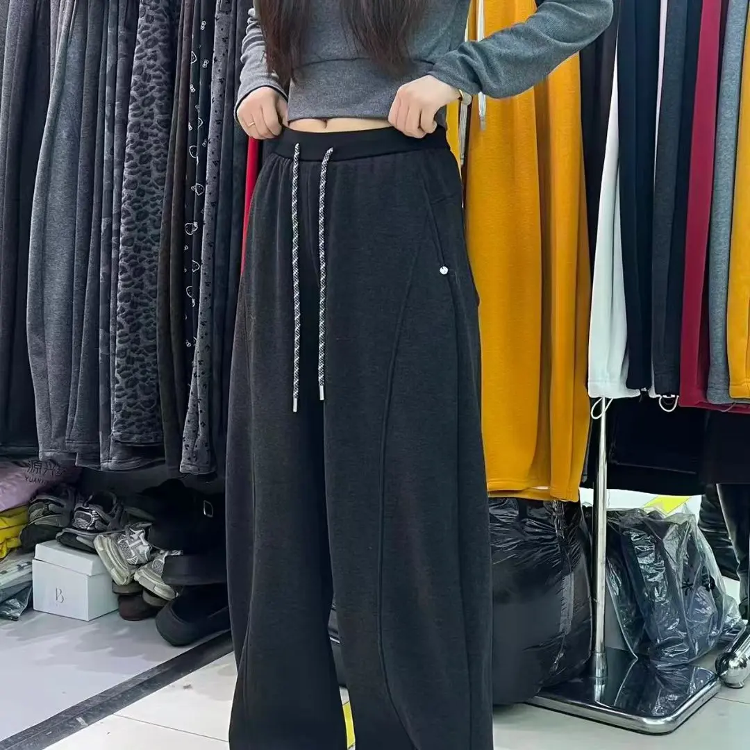 高级感加绒糯米绒秋冬新款弯刀阔腿女卫裤