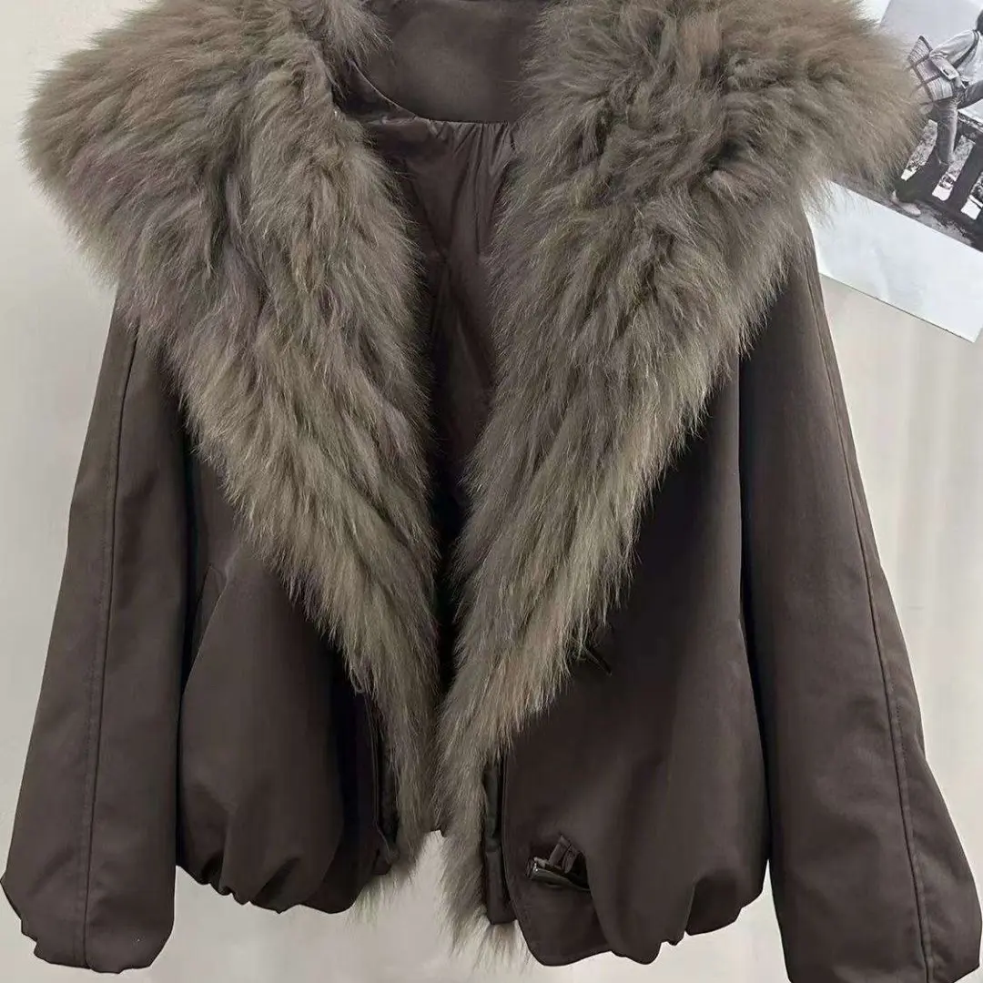 爆款新款女款冬季狐狸毛皮草领鹅绒加绒加厚时尚派克服