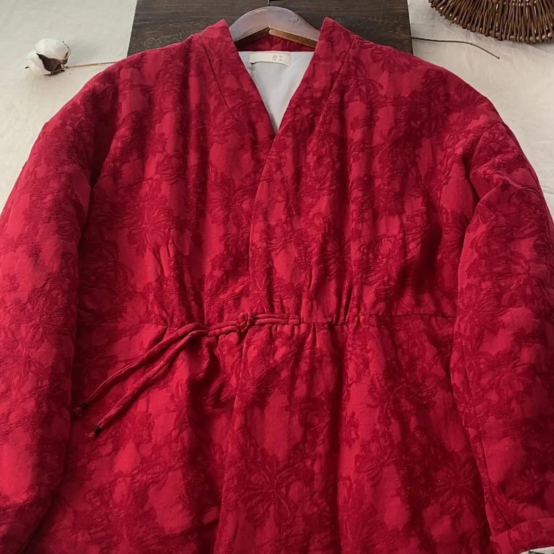 新中式国风盘扣提花加厚棉麻中长款棉衣冬季文艺复古茶服外套