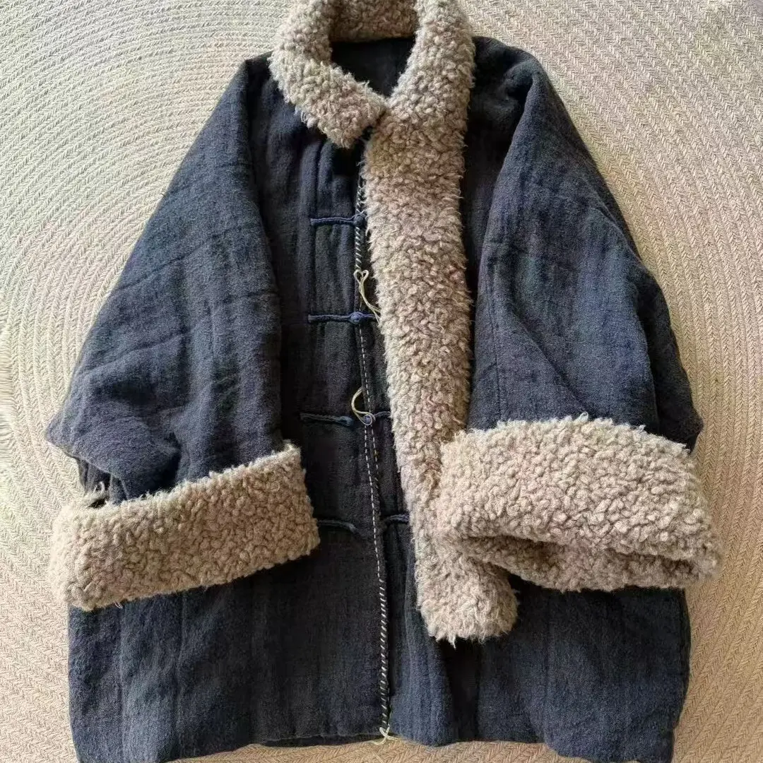 原创设计复古亚麻立领盘扣冬季保暖休闲拼接毛领棉衣外套