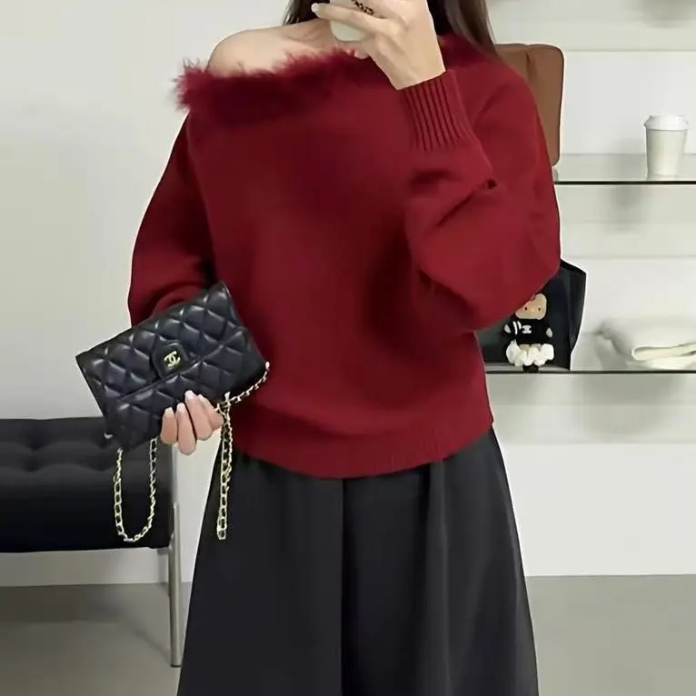 秋冬新款法式慵懒风宽松显瘦毛毛边露肩针织上衣