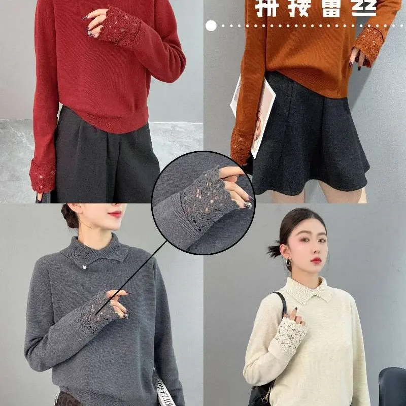 时尚百搭针织翻领长袖打底上衣