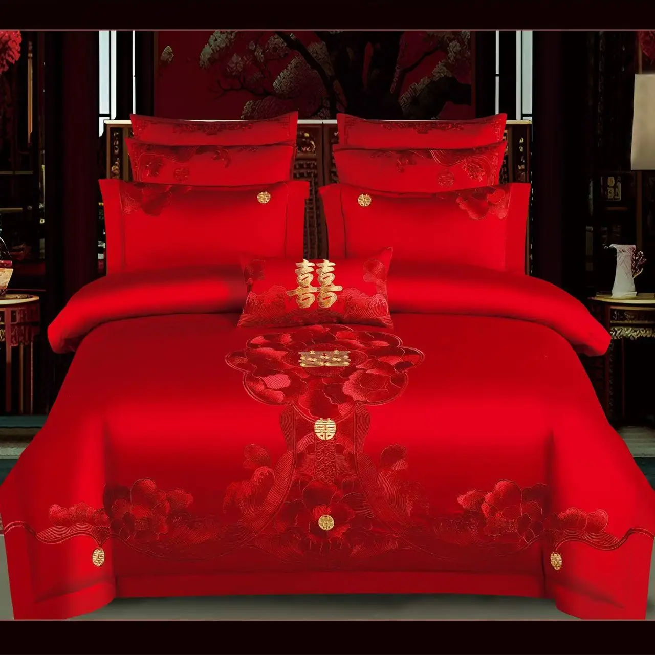 （花容月貌）高端全棉提花大红色婚庆床上用品