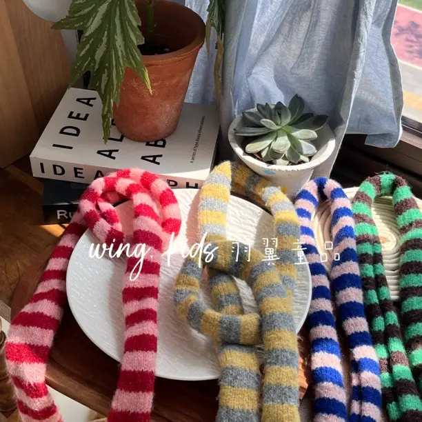 儿童韩版细长法棍男女通用女甜美条纹围巾保暖复常规款